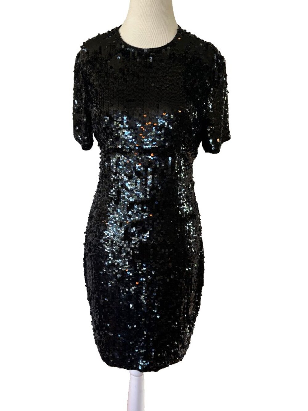 Vintage OLEG CASSINI Black Tie Cocktail Evening Dress Mini Black Sequin Silk 8